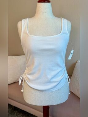 NWT Pilcro Anthropologie Tank Top White Ruched Sides Drawstring Ties Women’s M